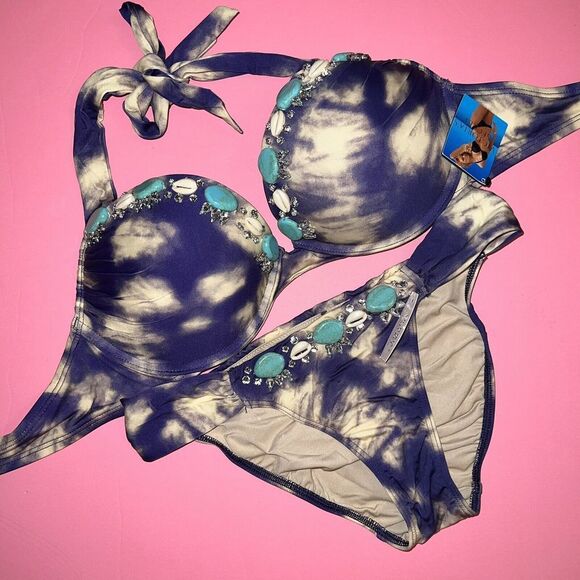 Victoria's Secret 34C BOMBSHELL BIKINI Purple beige tie dye EMBELLISHED Shell - Picture 1 of 3